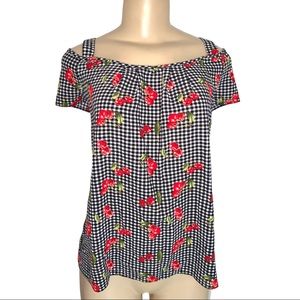 Blousology Checkered Cherry Open Shoulder Top